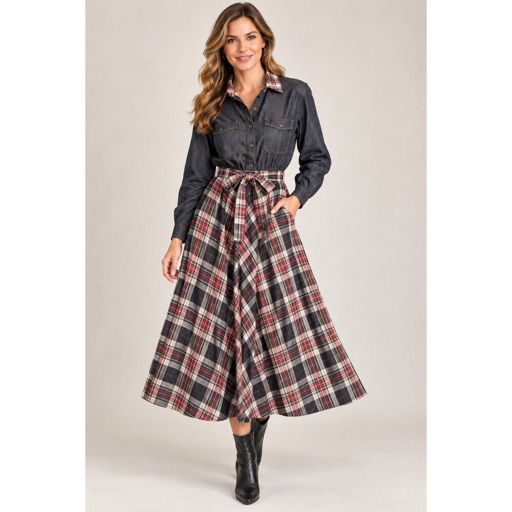 Vintage Carol Anderson Dress Size 8 Denim Plaid Cotton Midi Maxi Made USA Belted